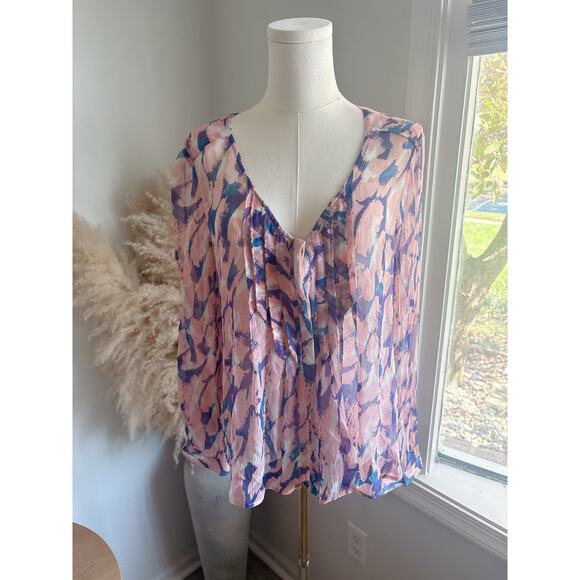 Anthropologie Maeve Pink Painted Sheer Silk Blouse Womens Size 12 Pleated Top - Picture 4 of 13